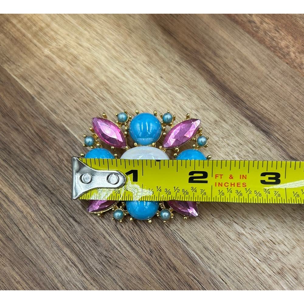 Vtg Cabachon Brooch Gold Tone Pink Blue White Easter Spring Pastel Colorful - Picture 6 of 7